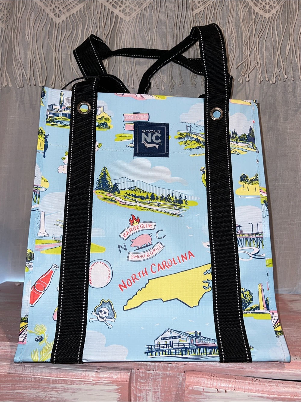 Scout Light Blue North Carolina Print Tote with Black Straps